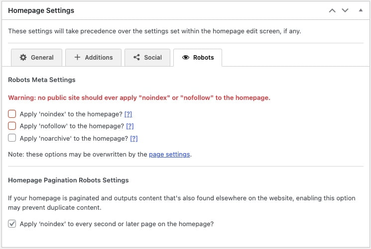 Paramètres de Robots de la page d'accueil de SEO Framework
