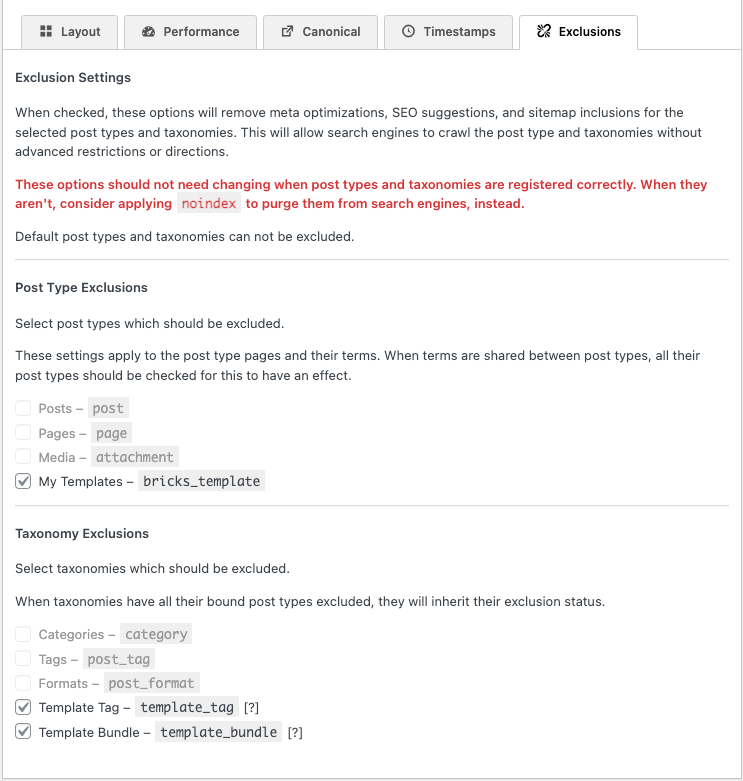 Paramètres des exclusions de SEO Framework