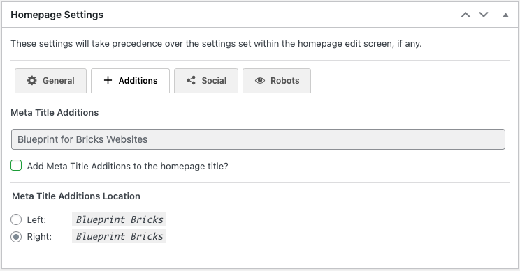 Paramètres des ajouts à la page d'accueil du SEO Framework