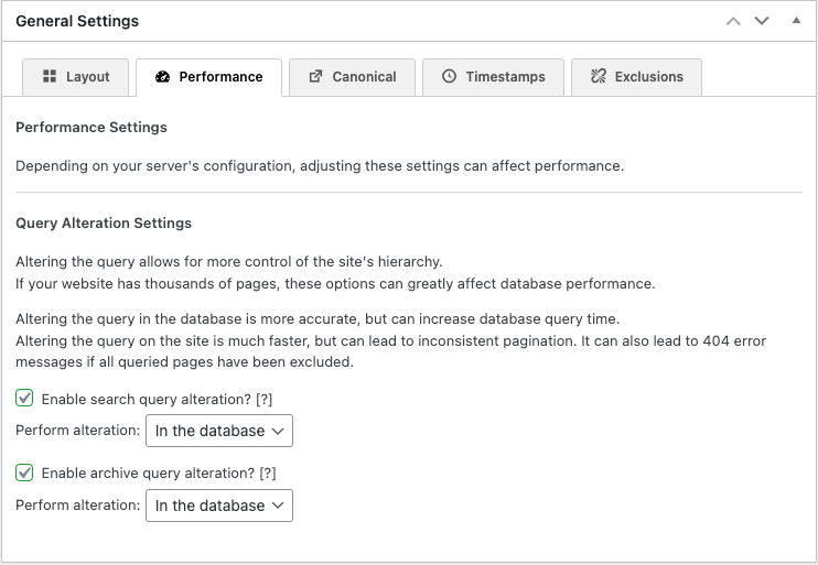 Paramètres de performance de SEO Framework